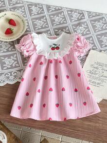 SHEIN Newly Born Baby Girl Light Pink Summer Cute Birthday White Lace Bubble Short Sleeved Dress Gold Rose Pattern Abaya Arabic Baby Clothing Party Gown - Pink - View 3