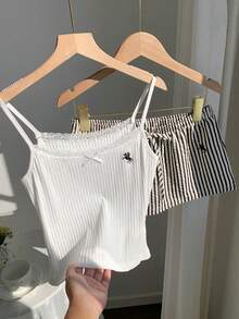 Conjunto de 2 piezas de mujer con tirantes finos, encaje, parches y lazo con estampado de lunares, para verano - Blanco y Negro - Ver 5