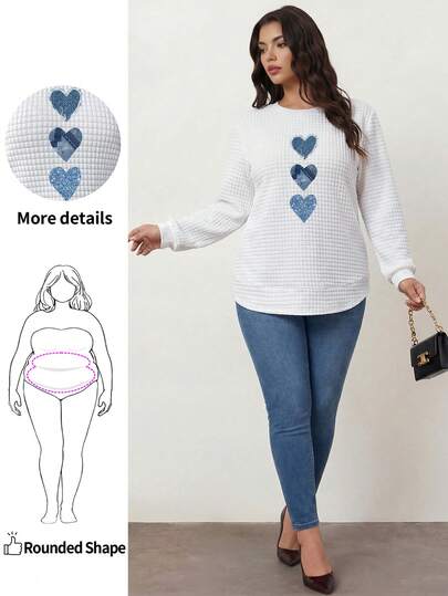 Enliva 初秋百搭度假极简主义音乐节返校休闲可爱蓝色心形图案印花大码女式华夫格针织圆领长袖运动衫，适合初秋过渡，秋季女装，秋季运动衫