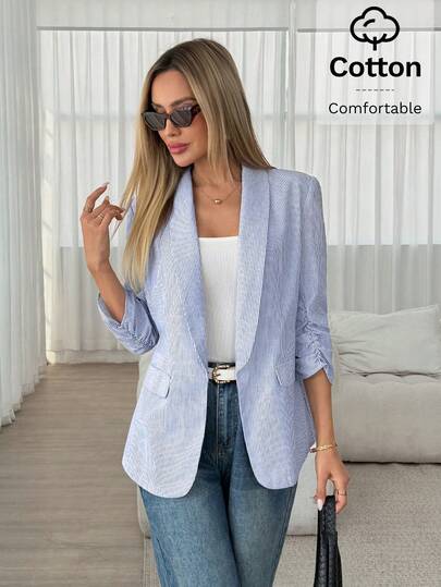 Easowa Blazer Listrado Fino Casual de Mulher, Blazer de Algodão Listrado Casual de Mulher, Jaqueta de Terno de Frente Aberta de Manga Três Quartos, Blazer de Listras Azul Claro e Branco de Frente Aberta para Mulheres, Jaqueta de Terno de Algodão Confortável com Mangas Franzidas