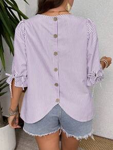 EMERY ROSE Striped Round Neck Cuff Tie Back Decorative Button Plus Size Shirt - Purple - View 1