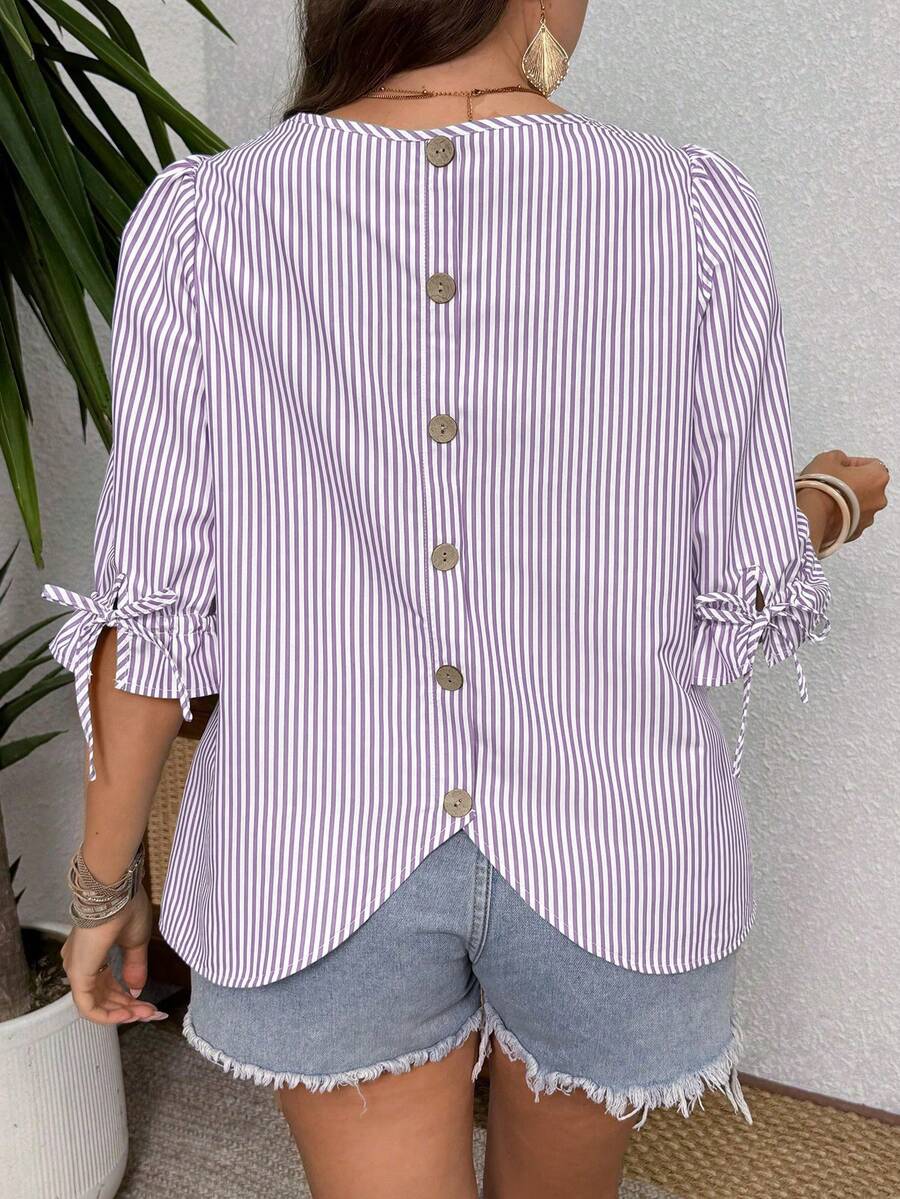 EMERY ROSE Striped Round Neck Cuff Tie Back Decorative Button Plus Size Shirt - Purple - View 1