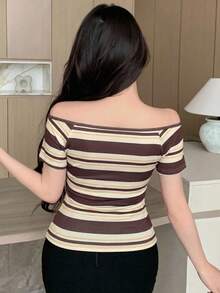 DAZY Áo thun ngắn tay trễ vai kẻ sọc kiểu dáng thường ngày, thích hợp cho mùa hè. - màu nâu - Xem 2