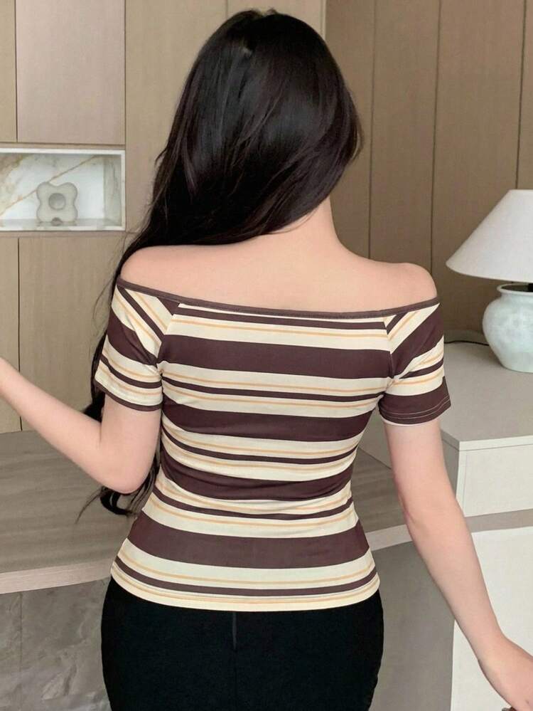 Casual Striped Off-Shoulder Short Sleeve T-Shirt, Summer