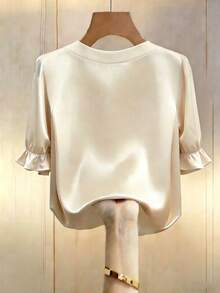 Franclia 's Elegant Summer Beige Satin Round Neck Button-Down Shirt,Pleated Puff Sleeves Soft Drape Relaxed Fit Blouse For Tea Party,Work,Holiday - Apricot - View 5