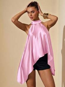 SHEIN BAE Olive Green Satin Halter Neck Backless Loose Maxi Dress, Suitable For Spring/Summer Vacation, Beach, Elegant Wedding Guest, Holiday, Autumn/Winter Evening Occasions, Christmas, Halloween - Baby Pink - View 1