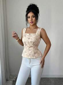 Elenzga 方领无袖上衣，饰有立体花卉刺绣，绿色珍珠纽扣闭合，优雅法式风格，收腰设计，适合工作和度假穿着。 - 粉色 - 查看 6