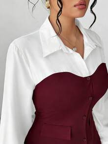 SHEIN Elenzya 女士纯色撞色拼接纽扣装饰长袖翻领连衣裙，春秋季 - 酒紅色 - 查看 5