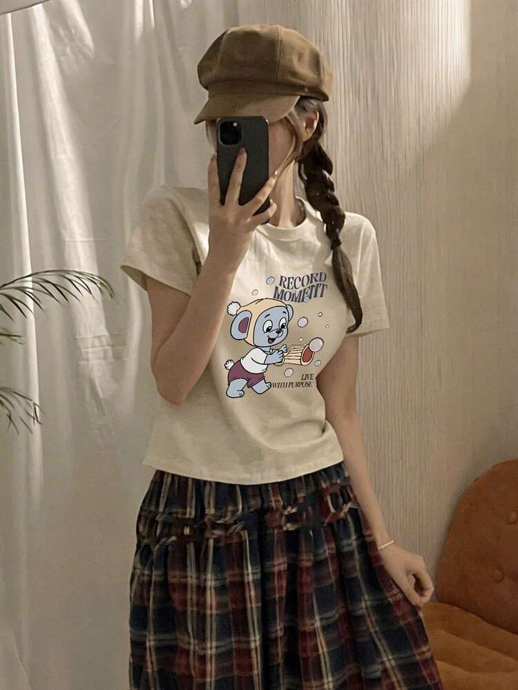 Women's Round Neck Fitted Printed Short Sleeve T-Shirt Graphic Tees Women Summer