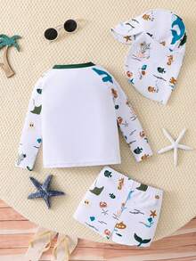 SHEIN 3件套男女宝宝休闲夏季度假椰树印花长袖短裤套装，含配套遮阳帽，适合春夏季穿着，居家、外出、旅行、海滩、泳池、派对等场合。 - 彩色 - 查看 2