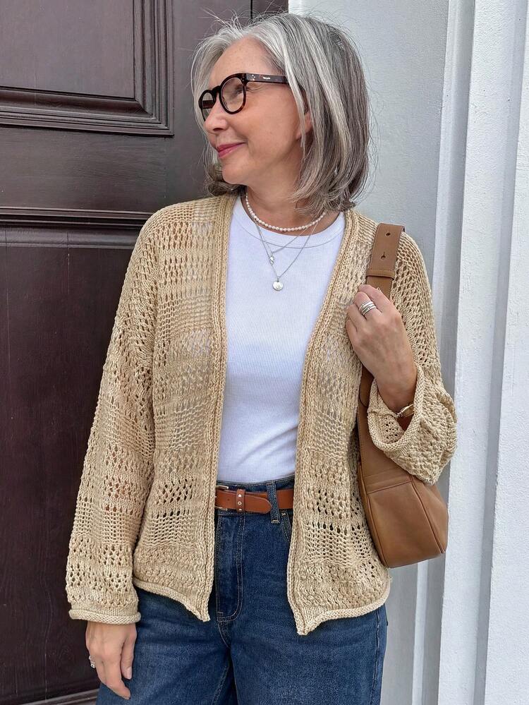 Women's Solid Color Loose Hollow Out Long Sleeve Casual Resort Knit Cardigan, Spring/Autumn