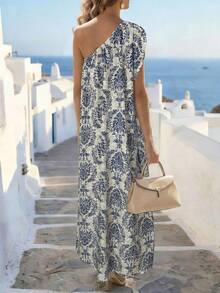 Balvessa Spring/Summer New Asymmetric Shoulder Collar Ruffle Hem Slit Digital Print Fitted Casual Elegant Dress For Women - Multicolor - View 2