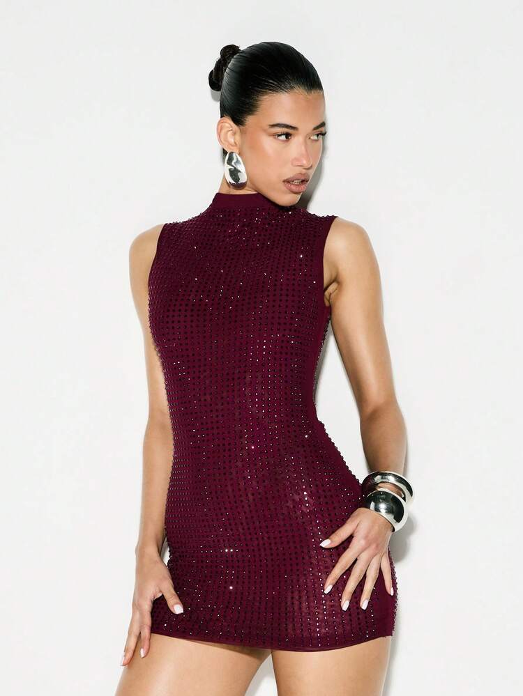 KIZN Burgundy Hot Fix High Neck Sleeveless Sequin Mini Bodycon Party Dress Holiday Evening Club