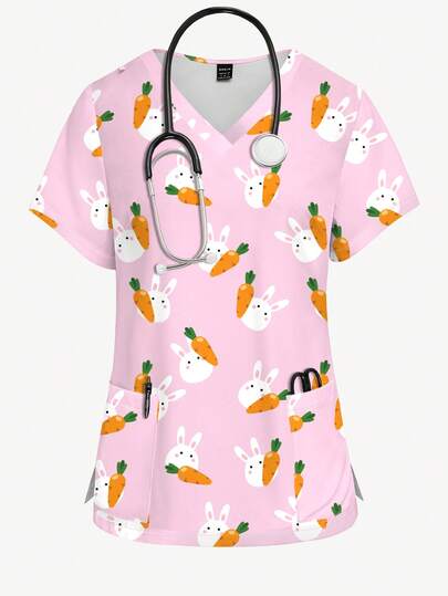 PopScrub Cute Rabbit & Carrot Cartoon Print Pink Nurse Uniform Top, V-Neck Short Sleeve Scrub Shirt, Nursing Uniform For Women, Suitable For Easter, Daily Wear