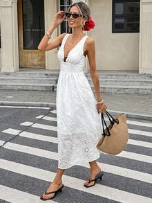 Serisse 女士刺绣优雅收腰中长连衣裙，适合度假、约会和外出穿着 - 白色 - 查看 3