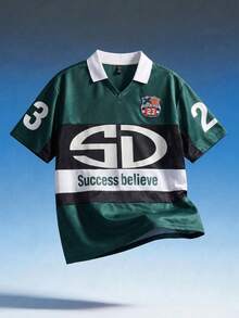 ROMWE MEN Prep Áo polo thể thao nam tay ngắn phối lưới, chất liệu jersey. - màu xanh lá - Xem 4