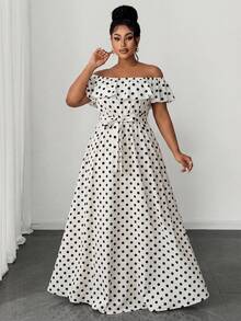 Maweii Plus Size Women's Summer Elegant Black And White Polka Dot Off-Shoulder Ruffle Trim Tie Cinched Waist Long Flared Dress Wedding Guest Vacation Party - Multicolor - View 4