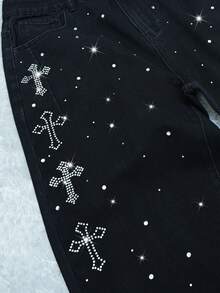 Manfinity EMRG Men's American Street Gothic Crystal Cross Black Washed Wide Leg Pants - Black - View 4