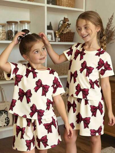 2件套女童休闲蝴蝶结印花T恤和纯色宽松短裤套装，居家日常穿着舒适