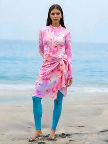 Swim Shayni Women's 3-Piece Summer Vacation Shell Print Long Sleeve Zipper Mesh Coverup, Powder Blue Long Pants & Young Burkini 3-Piece Swimsuit Set, Beach Outfit - Multicolor - View 5