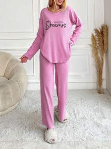 Loomlin 100%Cotton Letter Graphic Ribbed Knit Lounge Set - Pink - View 6