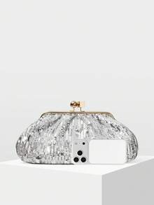 MOTF PREMIUM FASHION PLEATED SEQUINED CLIP CLUTCH BAG, EXQUISITE PARTY PARTY DINNER BAG - Silver - View 4