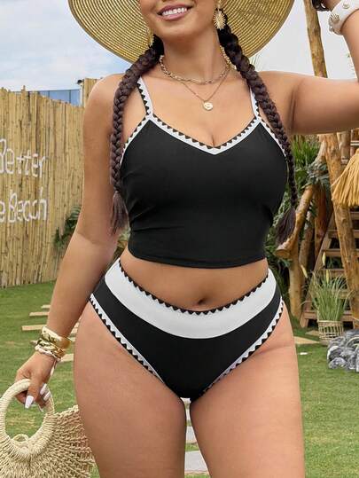 Swim Vcay 2026 Plus Size Backless Tankini Swimsuit Set, Women's Colorblock Spaghetti Strap Elegant Vacation Beach Outfit