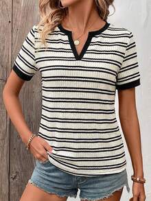 Lymera Women's Striped V-Neck Casual Everyday Short Sleeve T-Shirt, Spring/Summer - Multicolor - View 5