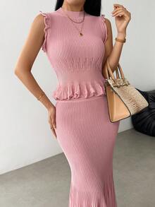 Modelyn Bộ 2 món kiểu dáng thanh lịch dành cho quý cô: Áo vest dệt kim không tay và chân váy dài xếp ly. - Hồng - Xem 6
