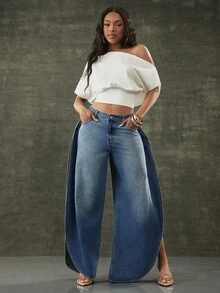 Denimoi 侧开衩筒型牛仔裤 时尚个性牛仔裤 筒型牛仔裤 - 中等水洗藍 - 查看 5