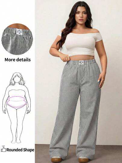 Enliva 大码女式条纹印花贴花梭织弹力腰休闲裤，商务休闲风格，四季皆宜，情人节礼物