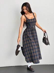 SHEIN PETITE 女士格子吊带连衣裙，教师装，休闲连衣裙，秋季连衣裙，7月4日女士服装，长裙 - 彩色 - 查看 4