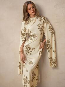 NOVVYNE 白色复古印花中长连衣裙，优雅修身剪裁，女士款 - 彩色 - 查看 3