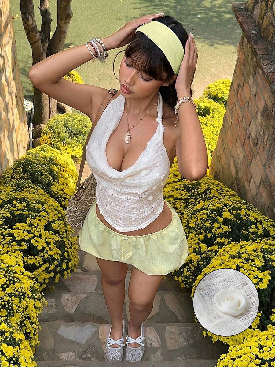 MainGRL 女士纯色深V领露背吊带上衣 - 杏色 - 查看 1