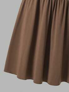 SHEIN This Is A Long Dress For Young Girl, Featuring A Moderate Length And A Casual Design. It Has A High Neckline With A Slight Sloping Shoulder Line; The Sleeves Are Puff-Shaped And Adorned With Folds. The Upper Part Of The Dress Is Fitted, While The Skirt Portion Is Loose And Has An A-Line Shape. It Is A Plain-Colored Dress Suitable For Summer Wear. - Coffee Brown - View 5