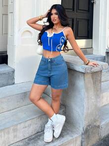 SHEIN PETITE Casual Washed Loose Denim Shorts, Summer - Blue - View 6