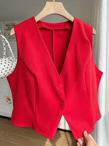 SHEIN EZwear 大码轻薄玫瑰红西装背心，适合毕业典礼、返校、秋冬季教师穿着，女士红色夏季上衣，红色背心，红色露脐上衣 - 紅色 - 查看 6