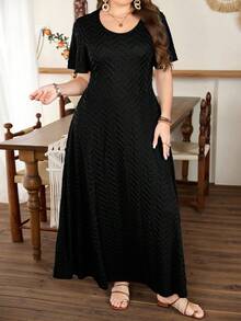 Lacomfia Plus Size Women's Ruffle Hem A-Line Dress, Minimalist Elegant Short Sleeve - Black - View 3