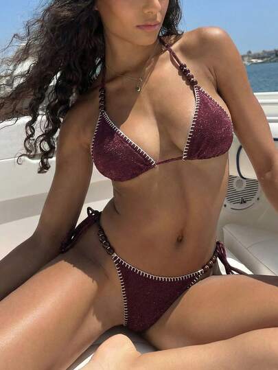 Lumalex Nuevo conjunto de bikini de 2 piezas con decoración irregular de perlas y cordones, color rojo vino, para primavera/verano