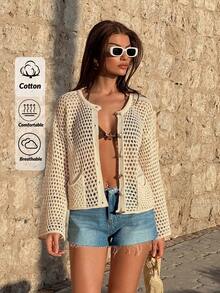 EURMUSE Cárdigan con bolsillo de punto abierto y calado en tela ligera y transpirable para un estilo casual y elegante de primavera y verano - Blanco - Ver 1