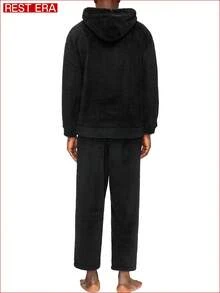Manfinity Underwear&Sleepwear Basics 男士加厚抓绒连帽家居服套装，秋冬季 - 黑色 - 查看 2