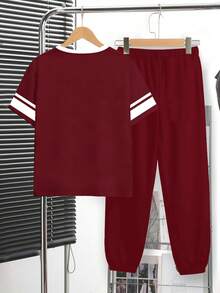 SHEIN 青少年男童休闲简约Y2K风格英文字母数字67、6&7运动复古美式撞色宽松舒适时尚圆领短袖T恤和裤子套装 - 白色 - 查看 3