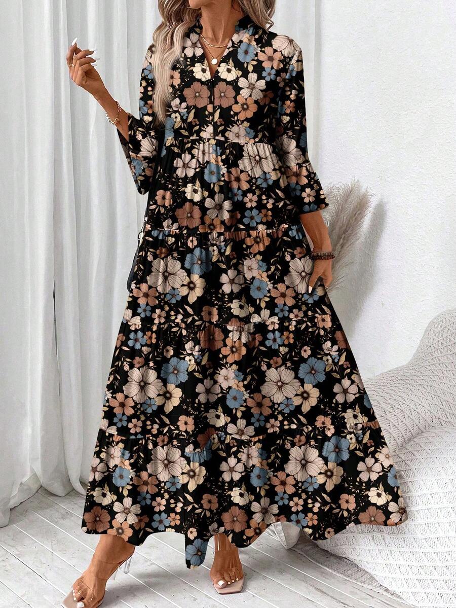 SHEIN LUNE 女式复古花卉 V 领褶皱长袖长裙，适合春夏季 - 彩色 - 查看 1