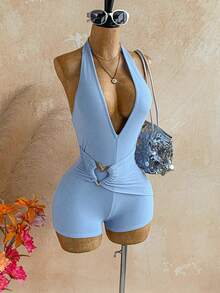 Soleia Halter Neck Tie Ruched Metal Decor Romper,Baby Blue,Summer,Casual,Beach,Holiday,Vacation,Holiday,Boho Floral Summer Outfit For Women,Party - Blue - View 9