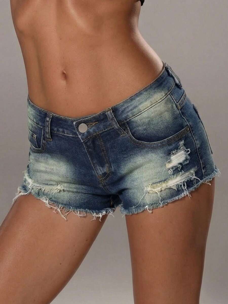 TRNVIE Fashionable Casual Retro Distressed Low Waist Denim Shorts - Medium Wash - View 1