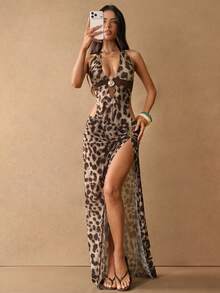 SHEIN BAE 1 Set Leopard Print Backless Deep V-Neck Metal Decor Swimsuit & High Slit Maxi Skirt, 2-Piece Swimwear Set,Beige Summer Casual Beach Vacation Fall - Brown - View 1