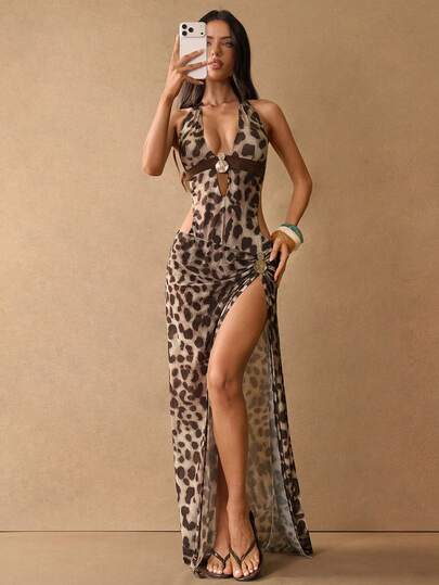 SHEIN BAE 1 Set Leopard Print Backless Deep V-Neck Metal Decor Swimsuit & High Slit Maxi Skirt, Sexy 2-Piece Swimwear Set, Beach Vacation, Music Festival, Sexy 2-Piece Set, Women Summer Clothing, Vacation Dress, Floral Print Dress, Backless Camisole Dress, Sexy Nightclub Outfit, Beach Party Mini Dress, Vacation, Summer Holiday Outfits, Vacation Outfits For Women, Elegant Dresses For Women Resort Wear Women Vacation Dress Leopard Print Dresses For Women