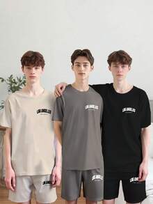 6件套青少年男童简约时尚黑色、灰色、蓝色字母印花短袖T恤和短裤睡衣套装 - 彩色 - 查看 9