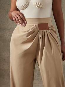 Vixey High Waist Elastic Back Band Asymmetrical Wrap Over Woven Pants - Apricot - View 4