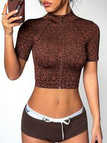 Dewbera 无缝棕色豹纹运动短款夹克 - 棕色 - 查看 3